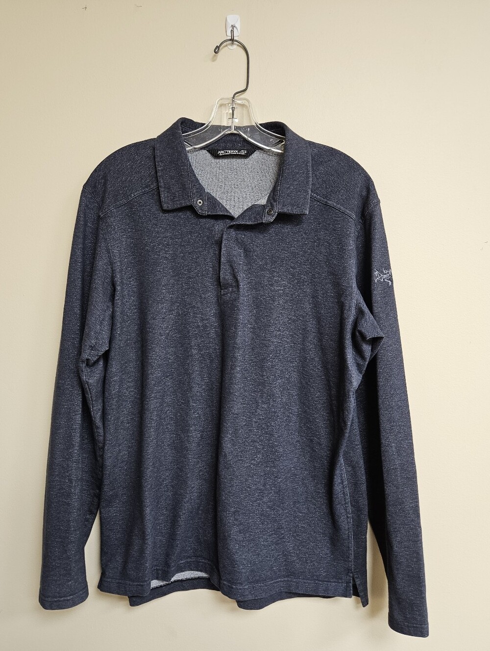 Arc'teryx Mens Long Sleeve Polo Shirt Blue Heather Snap Collar Performance L